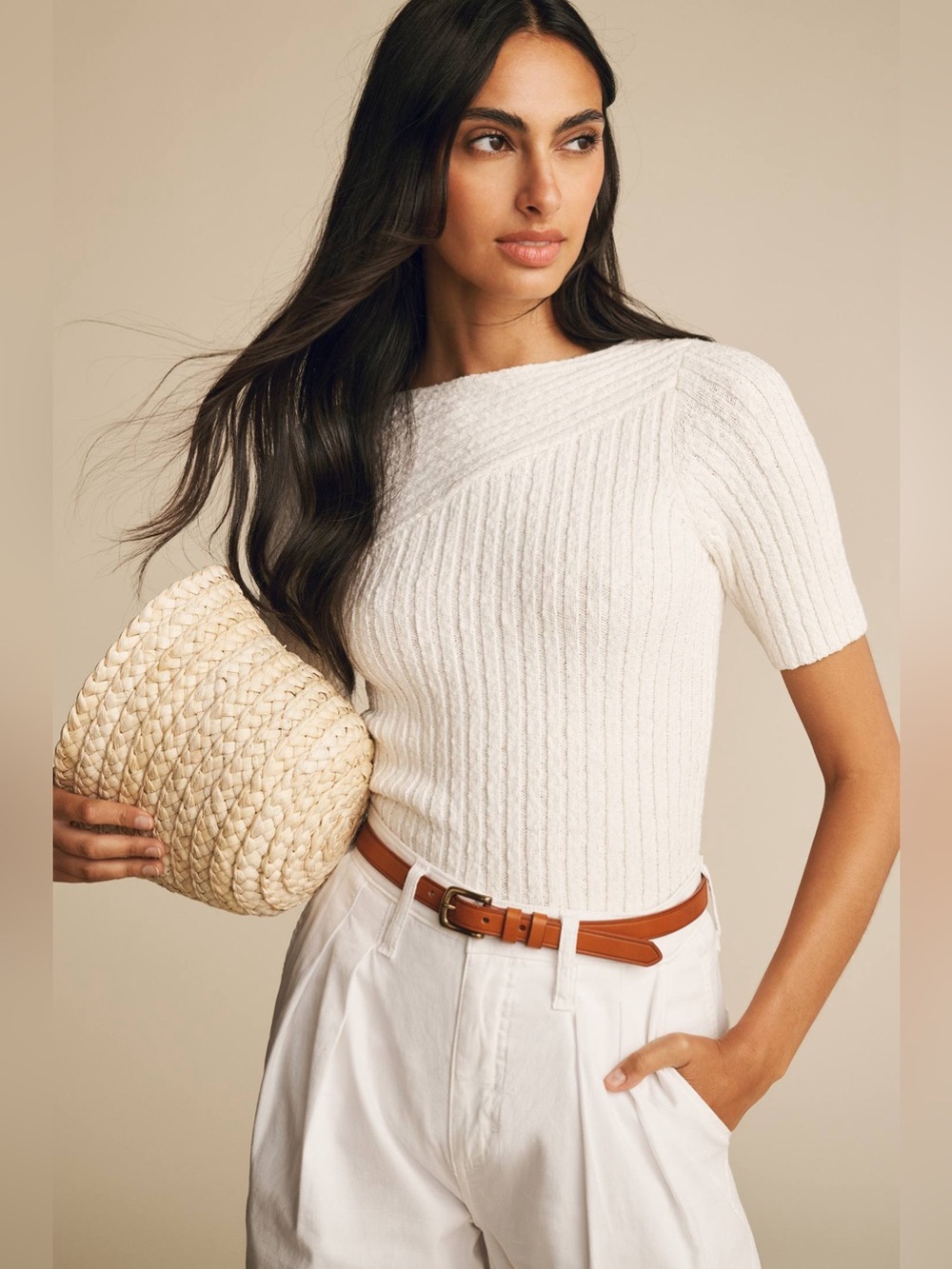 NEW Maeve Anthropologie White Ribbed Sweater Tee Asymmetric Neck Cotton Blend M